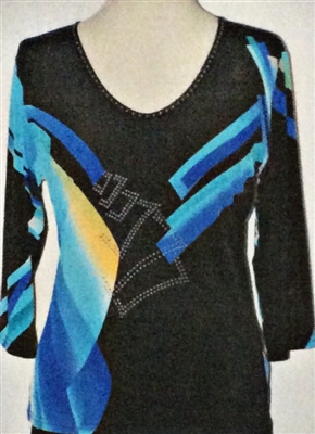 3/4 sleeve top with rhinestones - blue design on black