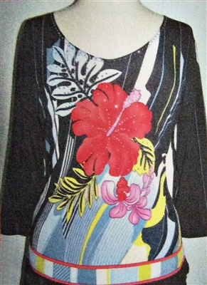 3/4 sleeve top with rhinestones - red wild flower on print