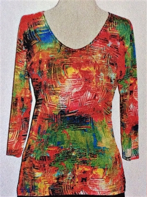 3/4 sleeve top with rhinestones - vibrant impressionist multicolor