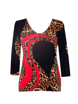 3/4 sleeve top with rhinestones - red black and leopard whirl