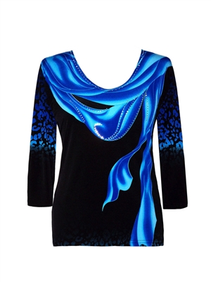 3/4 sleeve top with rhinestones - bright blue scarf and leopard pattern on black