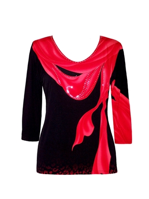 3/4 sleeve top with rhinestones - bright red scarf on black