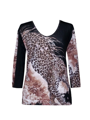 3/4 sleeve top with rhinestones - hunting leopard print