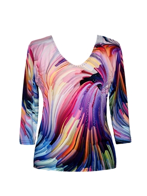 3/4 sleeve top with rhinestones - colorful wavy lines