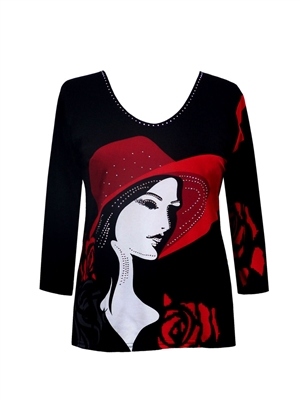 3/4 sleeve top with rhinestones - lady with red hat and roses