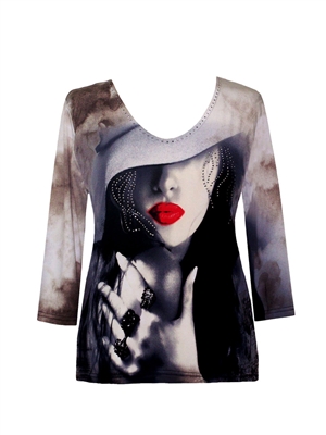 3/4 sleeve top with rhinestones - lady with red lipstick