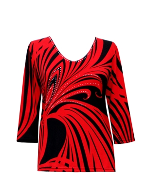 3/4 sleeve top with rhinestones - red bold curves on black