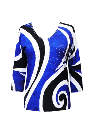 3/4 sleeve top with rhinestones - blue white and black bold curves