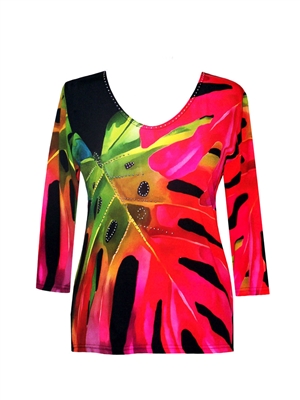 3/4 sleeve top with rhinestones - large red jungle leaves