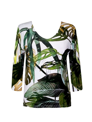 3/4 sleeve top with rhinestones - green jungle leaves