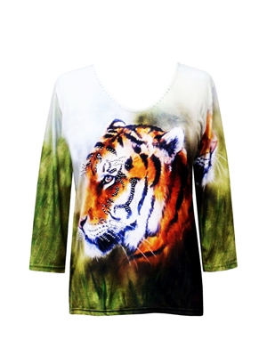 3/4 sleeve top with rhinestones - tiger