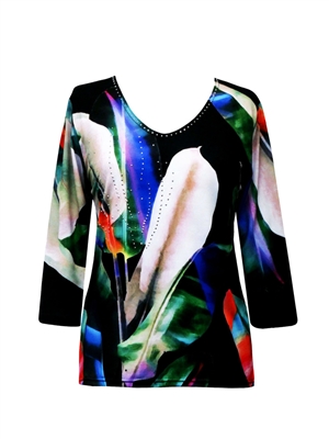 3/4 sleeve top with rhinestones - vivid leaves on black