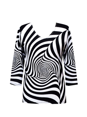 3/4 sleeve top with rhinestones - black and white swirls