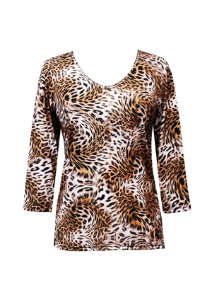 3/4 sleeve top with rhinestones - leopard print