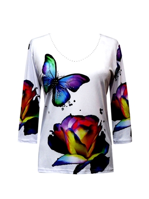 3/4 sleeve top with rhinestones - butterfly and rose