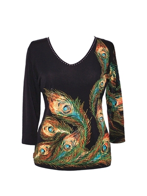 3/4 sleeve top with rhinestones - peacock feathers on black