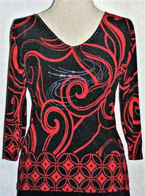 3/4 sleeve top with rhinestones - red swirl on black