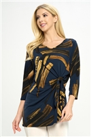 3/4 sleeve top with side tie - navy/gold - polyester/spandex