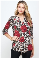 3/4 sleeve v-neck tunic top - burgundy rose - polyester/spandex