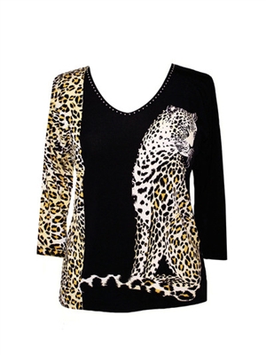 3/4 sleeve top with rhinestones - sitting leopard