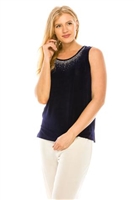 Tank top with rhinestone trim - navy - acetate/spandex