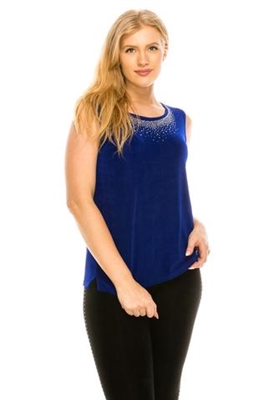 Tank top with rhinestone trim -  royal blue - acetate/spandex