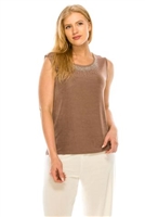 Tank top with rhinestone trim -  taupe - acetate/spandex