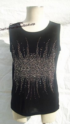 Black tank top with stone trim - cluster design- acetate/spandex