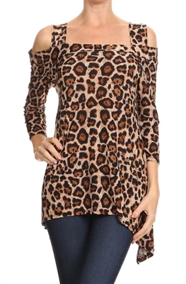 Cold-shoulder 3/4 sleeve top - brown leopard - polyester