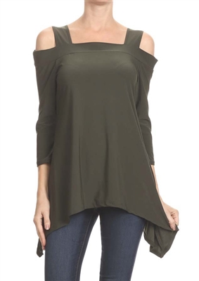 Cold-shoulder 3/4 sleeve top - olive - polyester