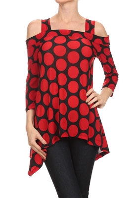 Cold-shoulder 3/4 sleeve top - black/red polkadots - polyester