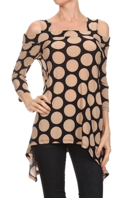 Cold-shoulder 3/4 sleeve top - black/tan polkadots - polyester