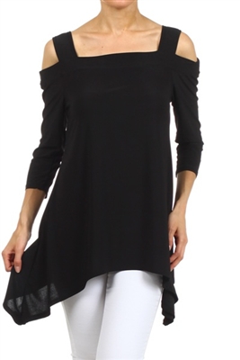 Cold-shoulder 3/4 sleeve top - black - polyester