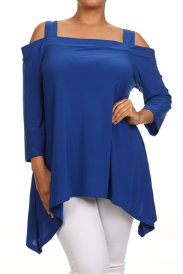 Cold-shoulder 3/4 sleeve top - royal blue - polyester