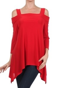 Cold-shoulder 3/4 sleeve top - red - polyester