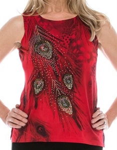 Tank top - red - feathers with stones - polyester/spandex