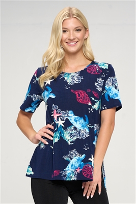 Short sleeve tunic top - navy with turtles and seashells - polyester/spandex