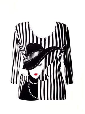 3/4 sleeve top with rhinestones - lady with black hat