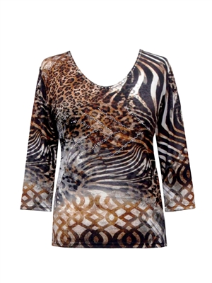 3/4 sleeve top with rhinestones - brown tiger print