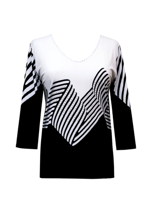 3/4 sleeve top with rhinestones - black/white ribbon print