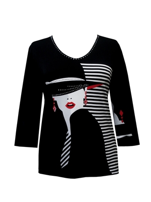 3/4 sleeve top with rhinestones - lady on black/white stripes