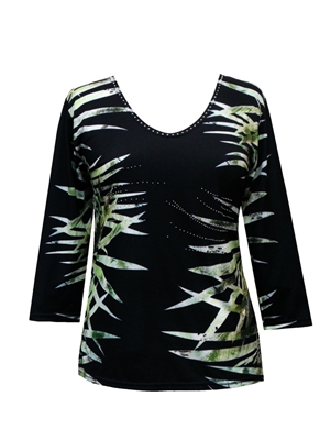 3/4 sleeve top with rhinestones - black with palm fronds