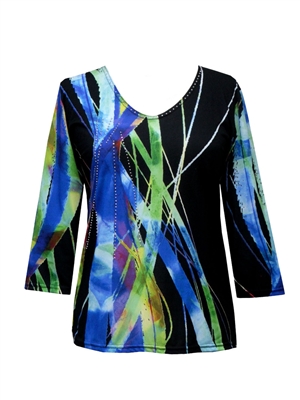 3/4 sleeve top with rhinestones - black with blue/green strands