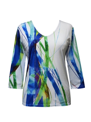 3/4 sleeve top with rhinestones - white with blue/green strands
