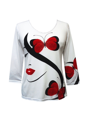 3/4 sleeve top with rhinestones - face with butterflies