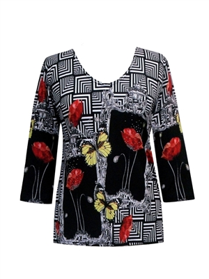 3/4 sleeve top with rhinestones - black/white with red roses