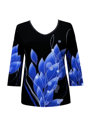 3/4 sleeve top with rhinestones - black with blue petals