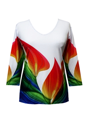 3/4 sleeve top with rhinestones - multicolor petals on white