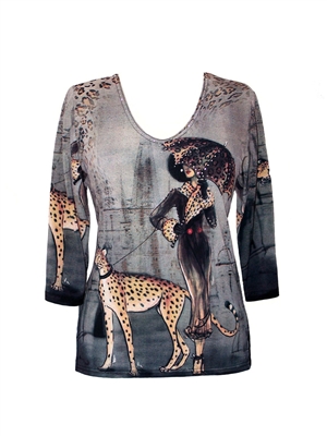 3/4 sleeve top with rhinestones - lady walking leopard