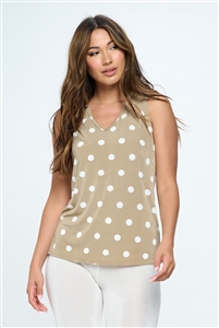 V-neck tank top - taupe/white polka dots - polyester/spandex